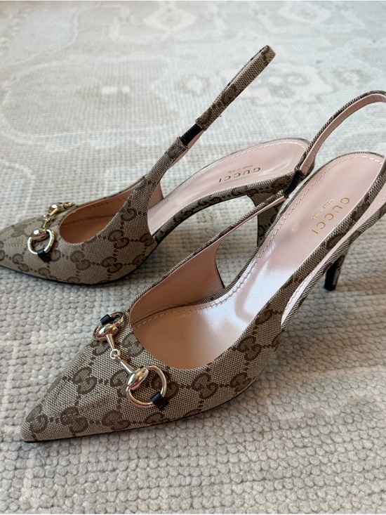 Gucci Shoes - Gucci Brown GG Canvas Horsebit Slingback Heels